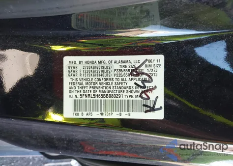 2011 Honda Odyssey Ex-L z USA, uszkodzony, nr VIN 5FNRL5H65BB080291